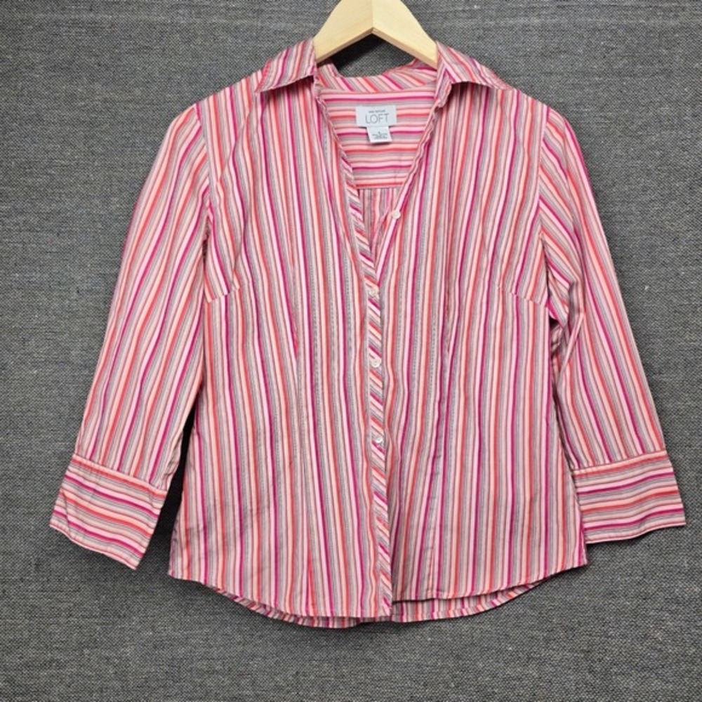 Ann Taylor Loft‎ Womens Small Pink Orange Striped 100% Cotton Button Down Shirt